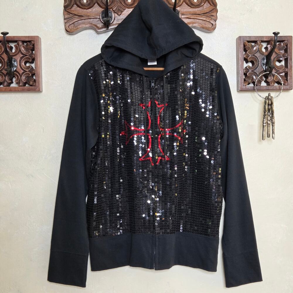 NWOT Walls Cowgirl Ranch Wear Black Red Sequin Cross Full Zip Hoodie Sweater✨️XL
